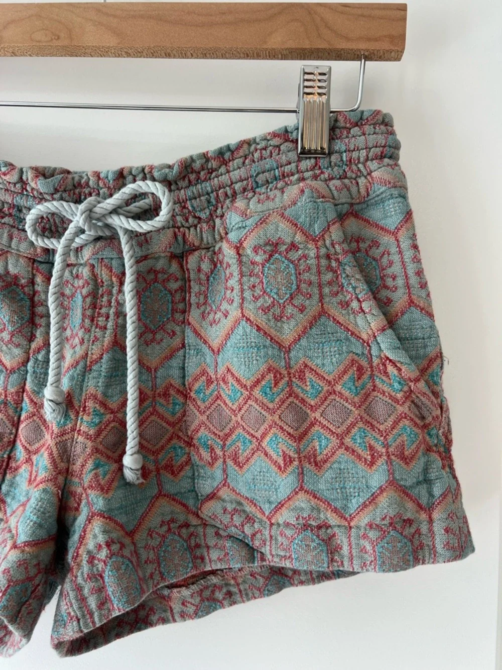 Roxy Teal & Coral Patterned Pull On Drawstring Shorts Boho Tribal Coastal Beach